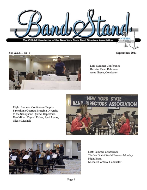 first page of a newsletter with text and images of musicians rehearsing
