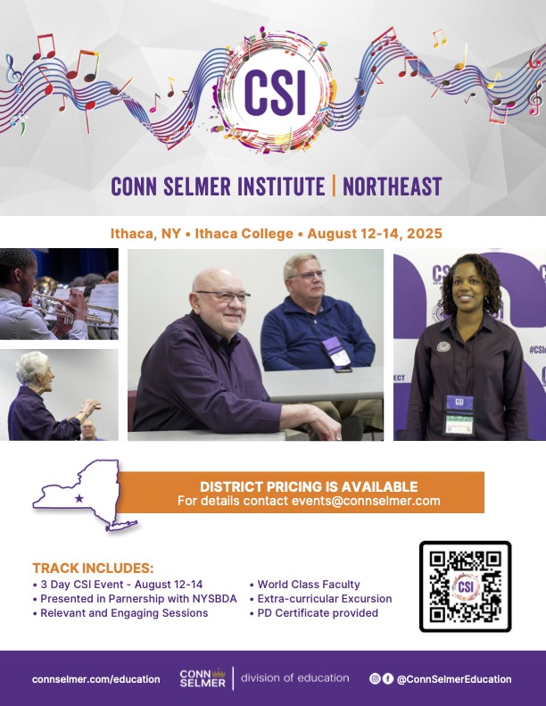 Banner with the CSI logo, colorful music staff, people dressed professionally at a conference, information regarding CSI Norheast 2025