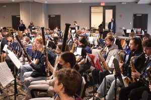 Students playing band instruments